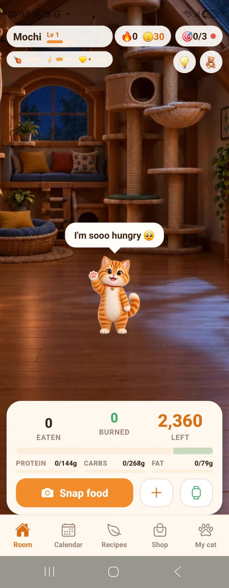 Mochi the cat standing in an attic room, saying I am sooo hungry, above the day's calories and a Snap food button