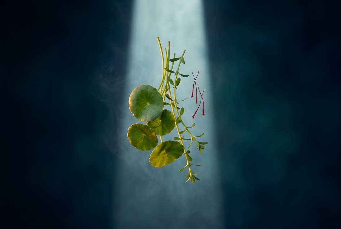 Gotu kola leaves and saffron threads in a shaft of light